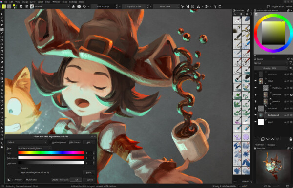 A screenshot of Krita with the night-owl theme and the artwork Spell of Gravity (close up) of Pepper&Carrot open on the canvas. Pepper is summoning a spell that invert gravity and her the content of her coffee goes to the ceiling, but she is still in focus and doesn't notice. Carrot, is in panic mode in the room.