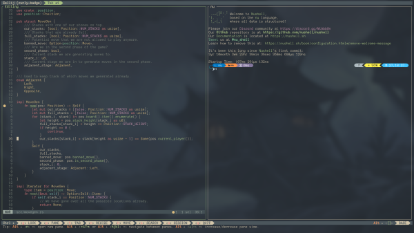 Screenshot of a configured terminal. It is split into two panes, the left pane showing source code, and the right pane showing a shell prompt. The background of the terminal is slightly transparent and blurry, and shows an artwork of a spooky house.