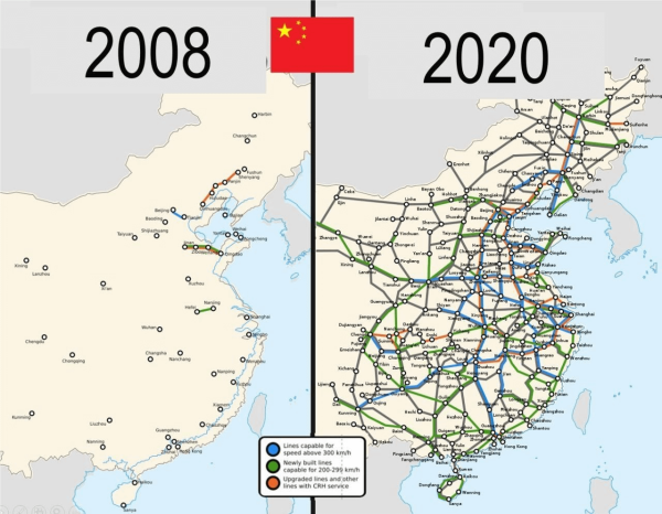 Map of China showing high speed rail network in 2008 and in 2020