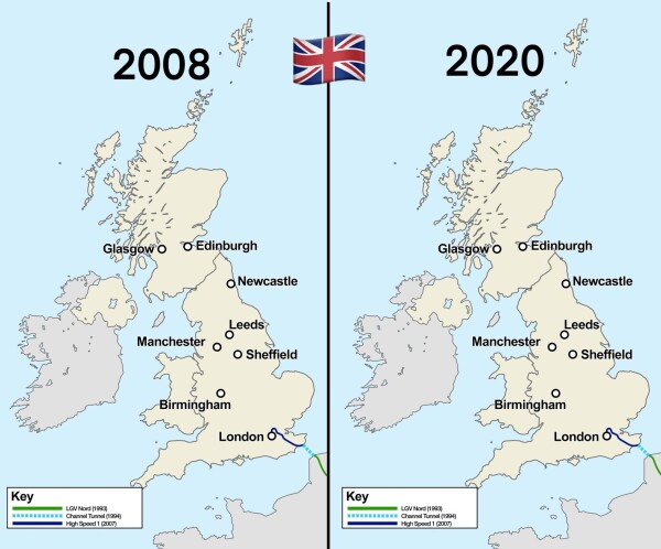 Map of UK showing high speed rail network in 2008 and 2020