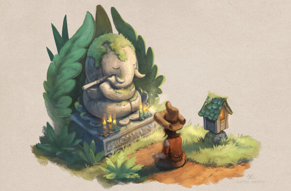 Digital painting of a Elephant small and rounded statue, in lotus position, playing flute. The statue has moss, candles and long leaves of exotic plants around it. Pepper, a young witch sit in front of the statue too.