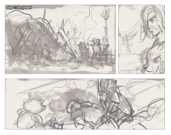 A scene of comic in 3 panels. Speechbubble were removed. We can see two characters, an archer and a halfing white wolf in front of a creature inactive, with smoke. Next panel, they speak something, last panel, they start to rescue a member of their group on the floor: a warrior.

This is the storyboard idea: large brush strokes.