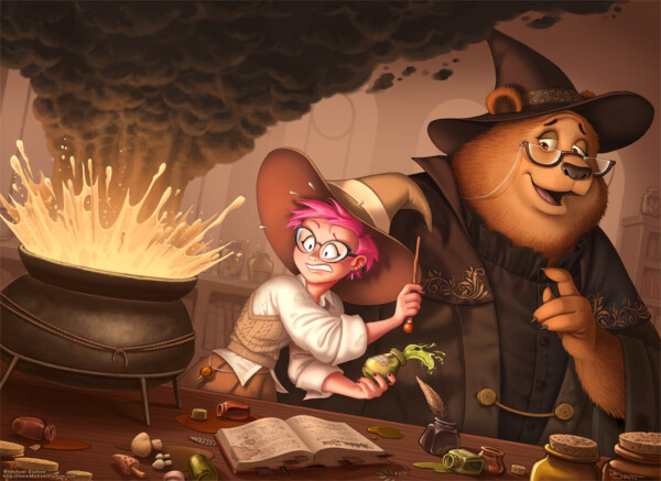 A witch's apprentice (she's human, with pink hair and glasses) recoils in horror as her cauldron explodes. A kindly old witch (she's a bear in a pointed hat and glasses) gives her some gentle advice.