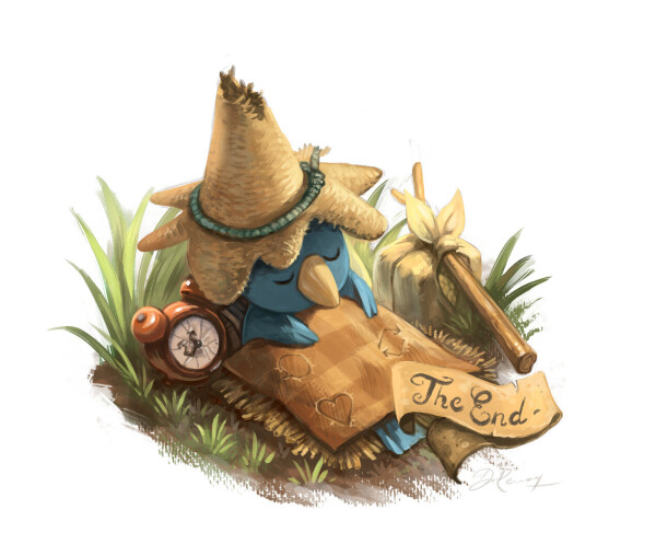 A digital painting of a cute blue bird with a hat made of straw, he sleeps under a blanket with symbol on it sewed of 'reply', 'fav' and 'reshare'. He left his bagage on the side, the clock is broken. It's a preparation to a long sleep. A floating scroll has written on it "The End".

License: Creative Commons Attribution 4.0.