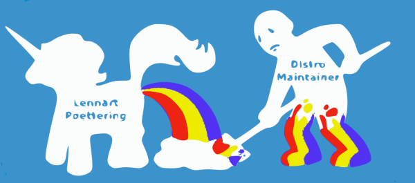 A "Lennard Poettering" titled unicorn emits rainbow shit on the floor which is shoveled by an unhappy man figure with "Distro Maintainer" title, knee deep in rainbow unicorn shit.