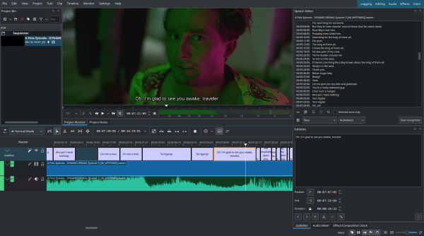 Kdenlive interface showcasing the speech to text and subtitle features.