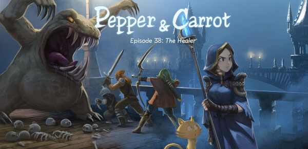 A digital painting cover artwork of Pepper&Carrot Episode 38 : The Healer. Pepper is in clothes of a healer in foreground while a group of adventurer fight a giant monster in the background. The scene happens over a dark landscape of old fantasy gothic bridge in the dark.