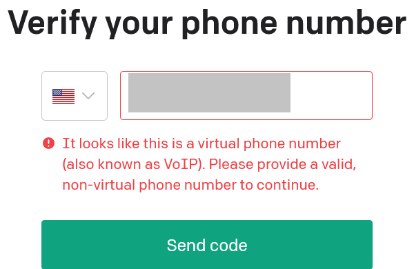 A screenshot from the ChatGPT signup requiring a virtual number to sign up, with the caption "It looks like this is a virtual phone number (also known as a VoIP). Please provide a valid, non-virtual phone number to continue."