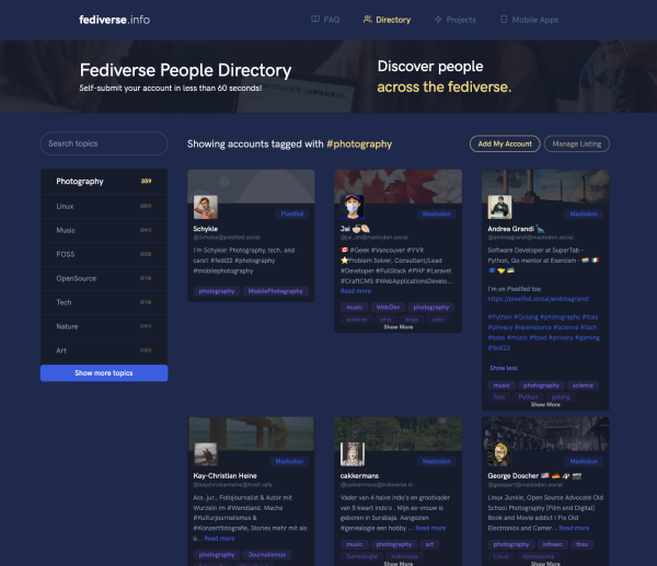 Screenshot of the new fediverse.info people directory