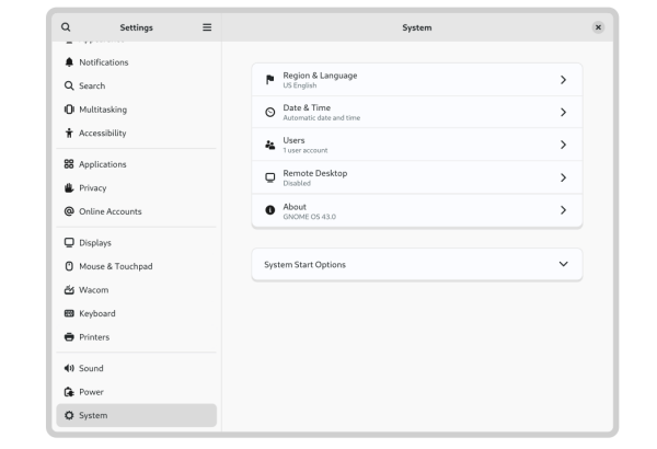 mockup of the proposed system top-level panel in GNOME Settings app