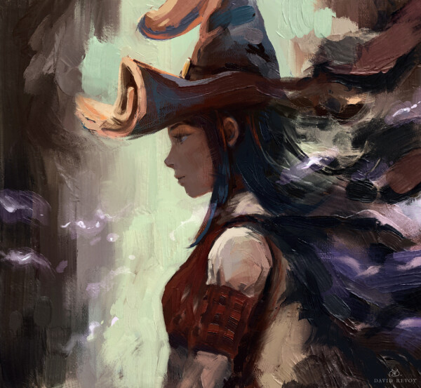 Digital painting of a young witch −Pepper− from a profile view, she looks confident. Waves of purple energy fly around her. The rendering is painterly with very thick painting strokes to depict her cloak and hair: the colors and strokes are merging in an abstract way on this side of the painting.