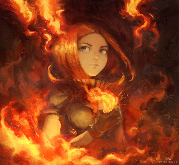 Portrait of a powerful but arrogant witch of the Fire −Saffron− from the webcomic Pepper&Carrot. The camera shoots her from a low angle and looks like she is walking calmly into a pit of fire with a large flame in her own hand. The tones are hot, with a lot of contrast and the rendering is painterly. 