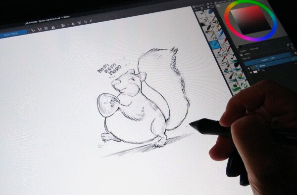 A photo of the screen of my display tablet; the canvas of software Krita has a penciled squirrel shaped like a pear with full cheeks and happy walking.