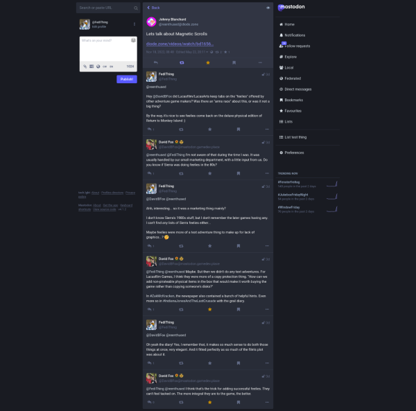 Screenshot of conversation displayed in Mastodon about props and accessories that used to be bundled with adventure games in the 1980s and 1990s, replying to a PeerTube post featuring a video about old adventure games. It looks just like any Mastodon thread.