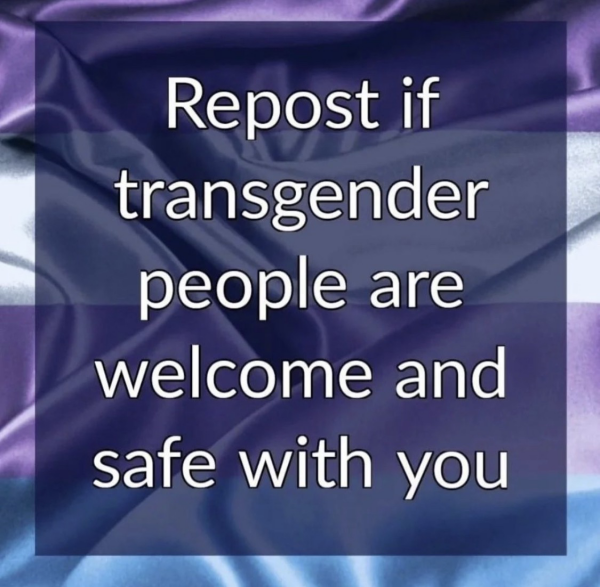 Graphic with the words “Repost if transgender people are welcome and safe with you.”