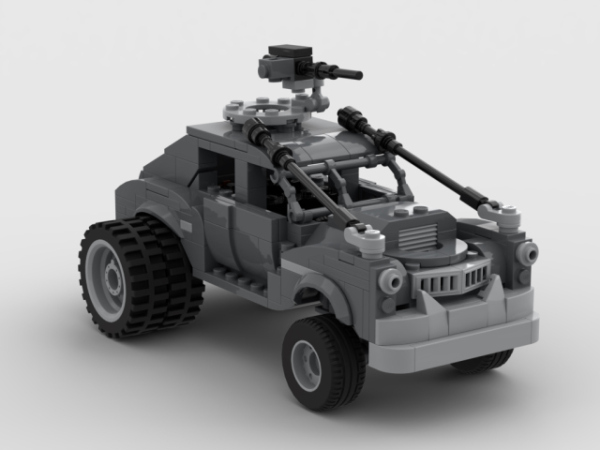 A LEGO model render of the Mad Max: Fury Road vehicle nicknamed "Buick". It's a highly modified 1948 Buick Special 4-door Sedan with dually tractor wheels in the back, a heavy duty wheel kit in the front and a cut in the front of the hood to allow for a massive air filter. It also sports an anti-aircraft gun on a slew-ring turret on the roof.