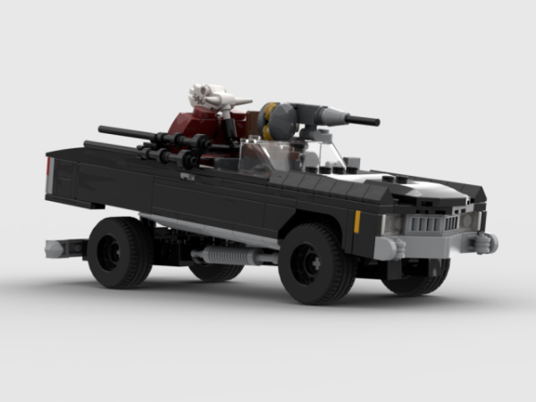 A LEGO model render of the Mad Max: Fury Road vehicle nicknamed "Caltrop #5". It's a 1972 Cadillac Eldorado which body is covered in black pitch and lifted at the back while the frame itself stays level. It sports a machine gun mounted on the windshield and two seats with original dark red upholstery at the back for additional gunners.