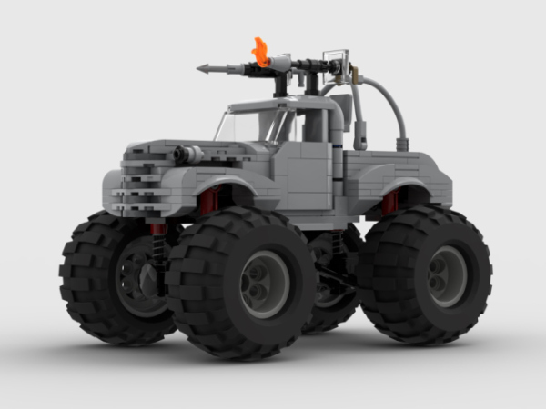 A LEGO model of the Mad Max: Fury Road vehicle named "BigFoot". It's a Dodge Fargo 1940 pickup truck sandblasted body on a monster truck chassis with a harpoon gun and a flamethrower mounted on the roof.