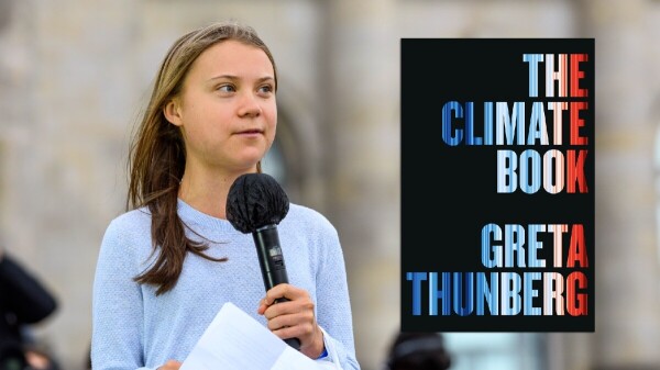 A photo of Greta Thunberg, holding a microphone and speaking at a rally -- shown along with the front cover of The Climate Book.