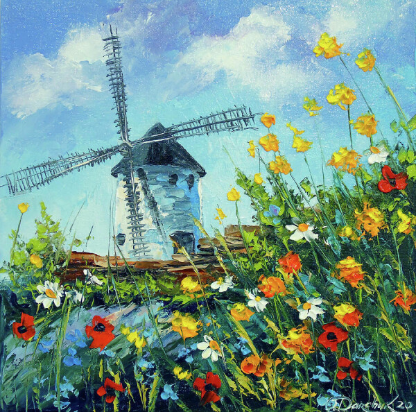 Painting of a white mill with colourful flowers in the foreground. The flowers are coloured red, white, yellow, orange and blue. They are standing in between high green grass. The sky is blue with some white clouds.