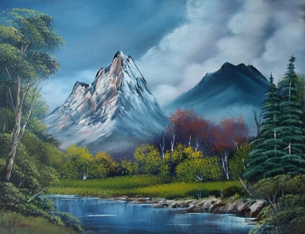 Painting of a blue river in nature with mountains in the background. The soil on bothe sides of the river is covered with green grass. There are various green trees and bushes as well as some small dark red trees. On the horizon are a blue mountain and a pointy grey mountain with white on it. The sky is blue with a lot of white clouds on the right side.