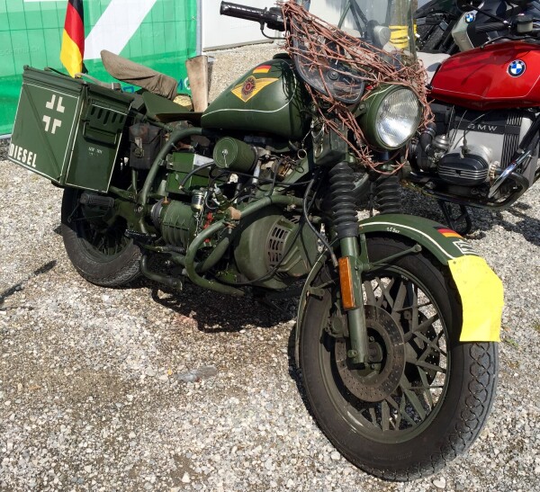 A vintage BMW motorcycle with a diesel engine. 