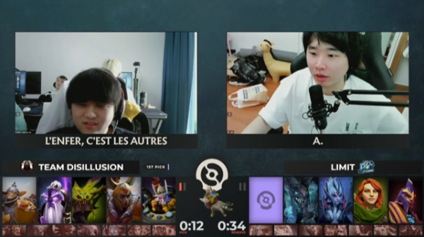 A Chinese region Dota 2 pro game stream during the drafting phase. Screen shows two players’ webcam feed captioned with their in-game nickname. On the right, it reads “A.”, on the left it reads “L’enfer c’est les autres”, a famous quote by French philosopher Jean-Paul Sartre.