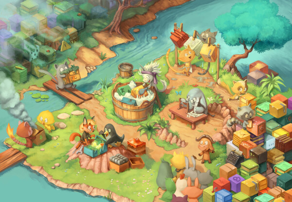 A colored digital painting of a large scene seen from a top view with many cute animals doing maintenance, support, paperwork and communication.