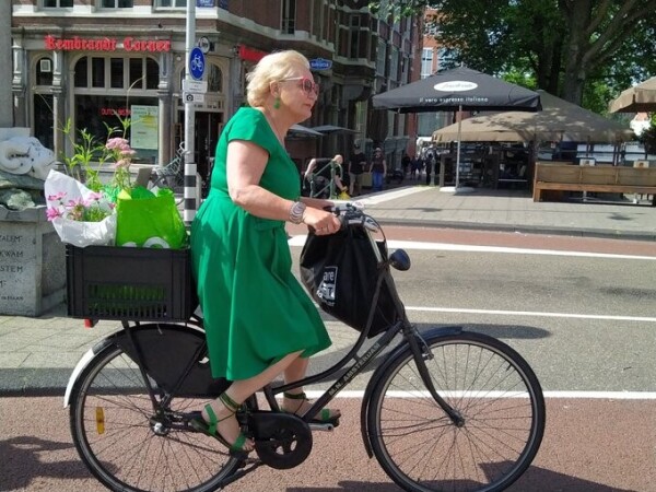 Middle-aged woman on bicycle with her shopping and flowers