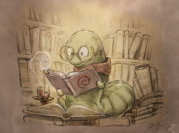 A digital drawing with a wash of color on the top. The drawing shows a cartoony worm with glasses, enjoying reading a book (the Debian logo on the cover). The scene happens in a old and messy book library. 

License: Creative Commons Attribution 4.0