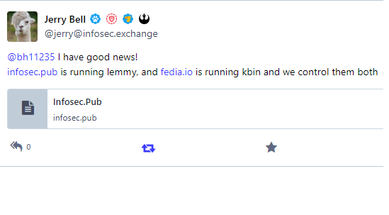 Jerry Bell post announcing infosec.pub is running lemmy, and https://fedia.io is running kbin and we control them both