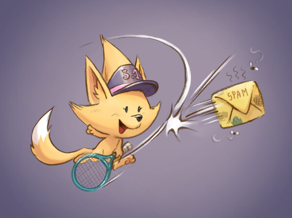 Rose, the fennec and mobilizon mascot, is dressed in tennis gear. With the backhand of her racket, she sends back an envelope marked "Spam".