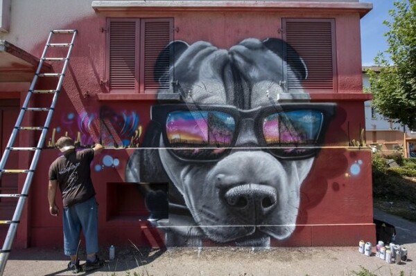 Artist spray painting dog with sunglasses on an outdoor wall