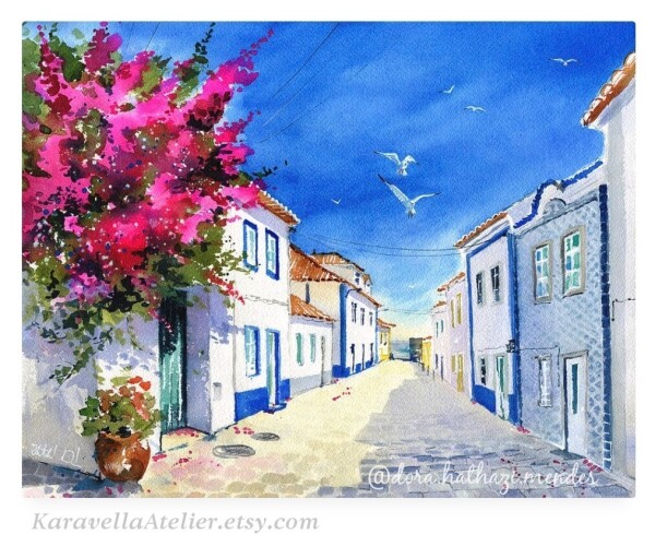 Ericeira Portugal Paintings Street with Bougainvillea art by Dora Hathazi Mendes.  Art prints