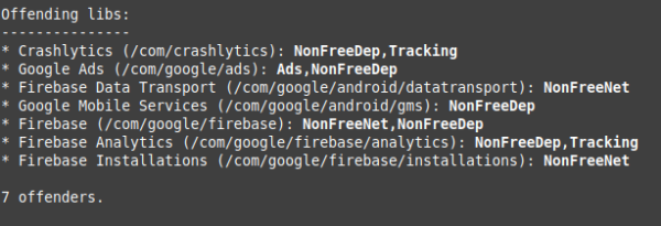 For the very same app: Results by my library scanner, showing the app contains libraries of 2 Analytics frameworks (Crashlytics, Firebase Analytics) plus Google Ads. This must mean that Google is no "third party" and doesn't collect any data. And the pope is muslim I guess, or so.