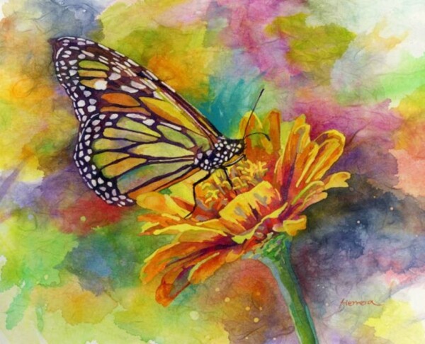 Painting of a green, yellow and orange coloured butterfly, sitting on a big yellow flower with a green stem. The background of the painting is coloured in a mixture of shades of green, blue, purple, red, pink and white.