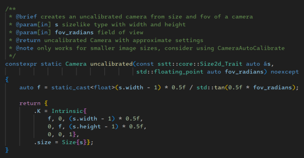 showing features of a Camera intrinsics class using modern C++