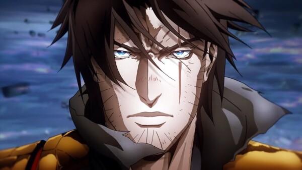 Still frame from Castlevania of Trevor Belmont scowling. 