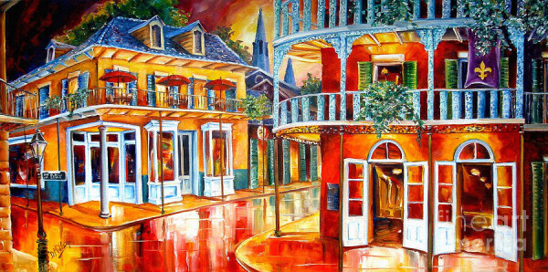 Bright coloured painting of a crossing in New Orleans. The streets are coloured mainly shiny red. The sidewalks are shiny red, yellow and orange. There are typical New Orleans houses. The one on the right is red and the one on the left is orange. The have white details and blue balcony's and roofs. The sky is coloured in shades of red, orange and yellow as well.