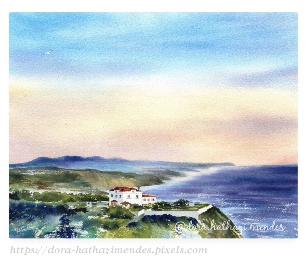 Ericeira Portugal View to the South watercolor painting by Dora Hathazi Mendes.  Art prints