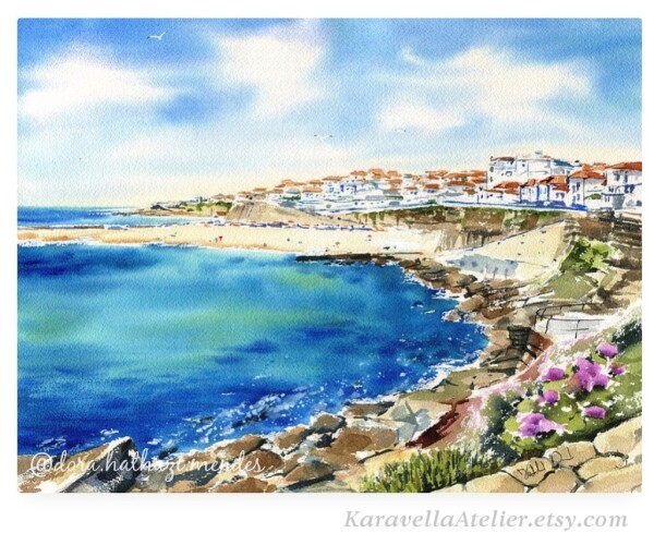 Ericeira Ocean View original watercolor painting by Dora Hathazi Mendes.  Art prints