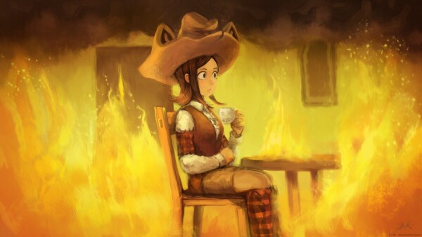 A quick painting of Pepper at home sitting on a chair. Around her, the room is in fire. She looks like she realize something. 

This is a parody of the meme "This is fine", a cartoon with a dog by K.C. Green.

Creative Commons Attribution 4.0