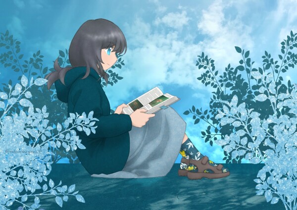 A girl wearing a hoodie and a skirt, sitting on the ground reading a book. The pages that she is looking at seem to be about marbled cat. The text is actually from my thesis - not that it matters. Around her, there are some kind of crystallized shadows of Cotoneaster bushes.