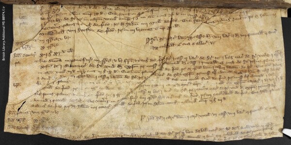 Photo of part of a leaf from a medieval manuscript: folio i recto in British Library, Additional manuscript 88974. The leaf, a recycled page from a roll of accounts, bears two dozen lines of Latin text copied in dark brown ink, laid out in several staggered columns of varying width and height. The parchment on which the text is copied is in poor condition: discoloured and crumpled, with ink worn away in places, and marked by several deep folds, a small tear, and regions of pronounced grain patterning visible as patches of slightly darker stippling. The infelicities create a strange beauty. 