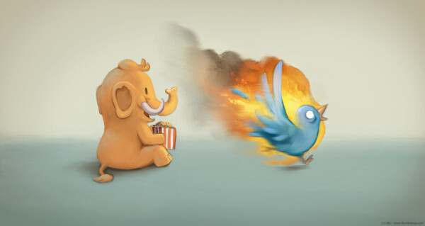 The mascot of Mastodon, a plushy furry pachyderm eats pop-corn amused by a scene: a blue bird (silhouette and colors reminds the Twitter logo) cross the canvas running in fire, he is not enjoying it.

License:
"Oh wow, you are on fire lately!" by David Revoy with mascots of Mastodon, (https://joinmastodon.org/) - CC-By 4.0 (https://creativecommons.org/licenses/by/4.0/deed.en)