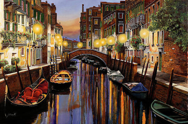 Painting of a canal in Venice at dusk. The water is coloured brown with touches of purple and orange in it. On the sides are many small colourful boats. The is a brown brick bridge over the canal. Left and right of the canal are brown houses. Many houses have green foliage and colourful flowers hanging outside. There are a lot of yellow lights. The sky is blue with an orange cloud.