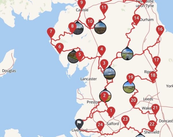 Map of the north of England with a circular route marked from Liverpool 