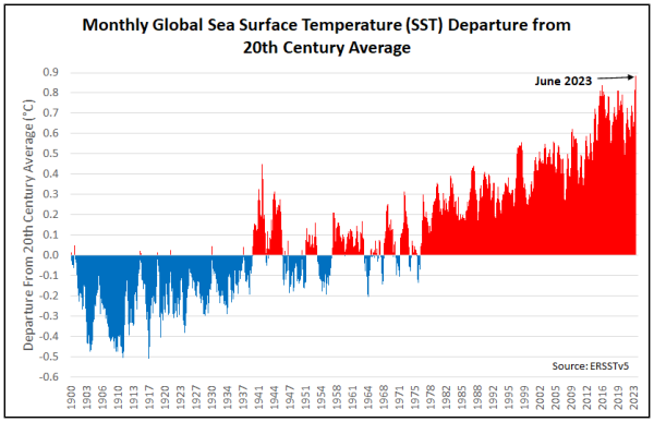 Graph shows "monthly global sea surface temperature departure from 20th century average." The trend is steadily upward from 1900 until 2023, with a new record in June of this year