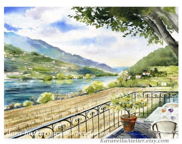 View To The Douro Valley in Portugal.  Original handmade watercolor painting by Dora Hathazi Mendes