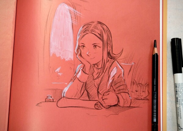 A drawing inside the french book one of Pepper&Carrot. Red paper. Pepper think about an idea while drawing with a fearther.